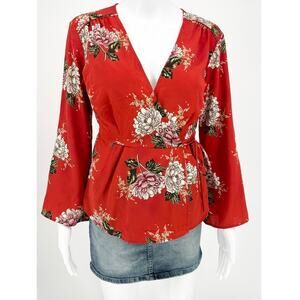 ASTR The Label Orange Floral Tie Waist Kimono Wrap Top Size S